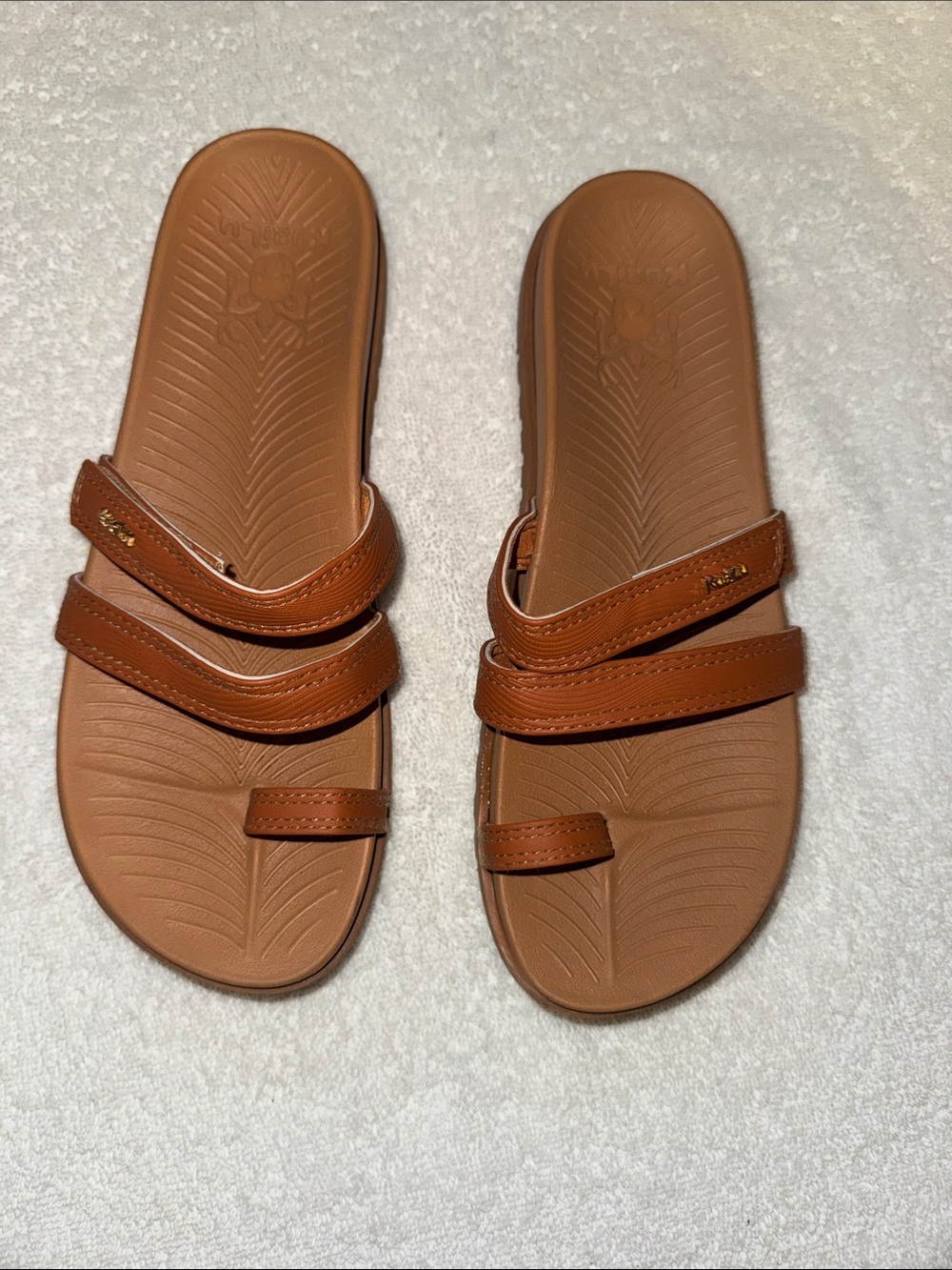 Women's Brown Double-Strap Slide Sandals with Toe Loop